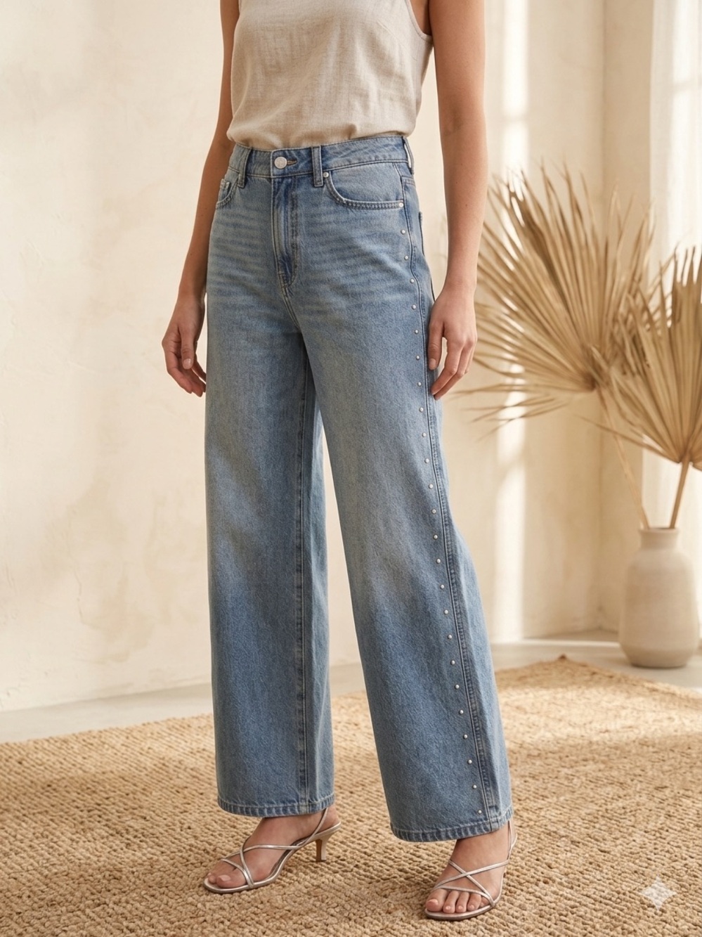 Michael Kors Wide Leg Light Blue Denim Jeans with Side Stud Detail